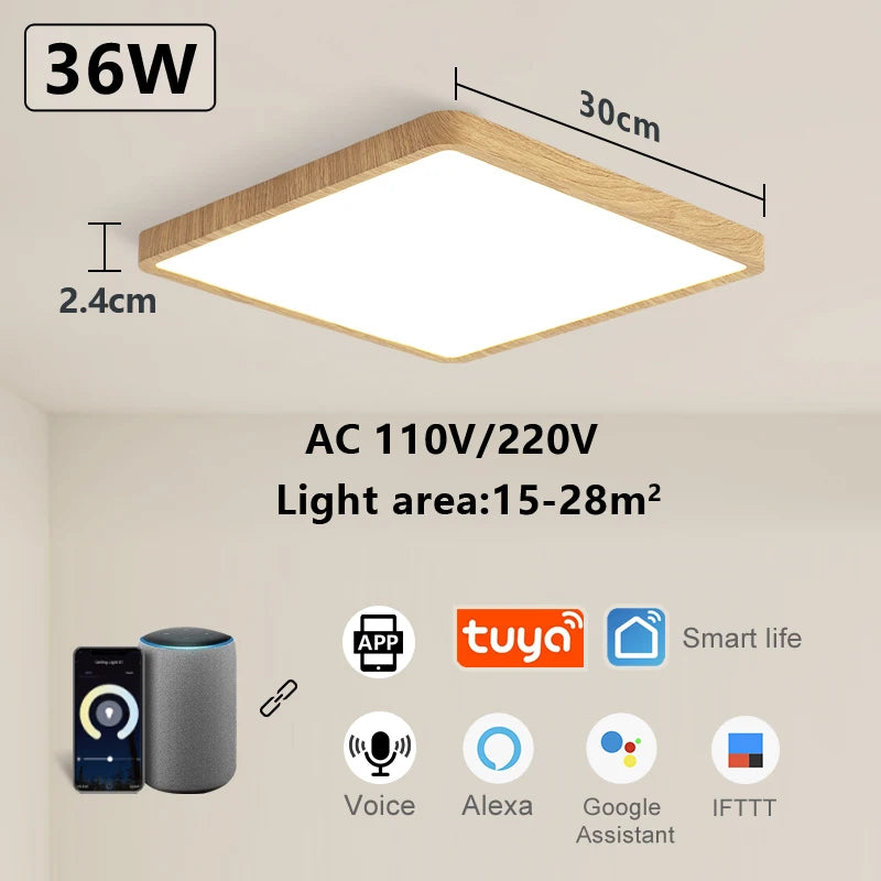 Smart LED ceiling lamp with wood grain finish from Craft Plus, featuring Alexa and Google voice control for modern home lighting.