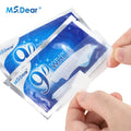 Craft Plus 9D Gel Teeth Whitening Strips applied on teeth, showing the whitening strips in packaging and a bright smile.