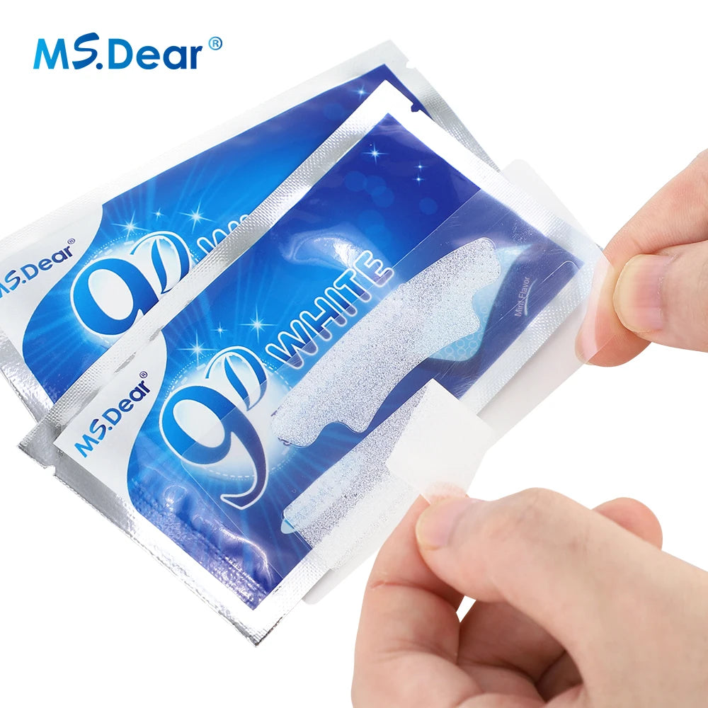 Craft Plus 9D Gel Teeth Whitening Strips applied on teeth, showing the whitening strips in packaging and a bright smile.