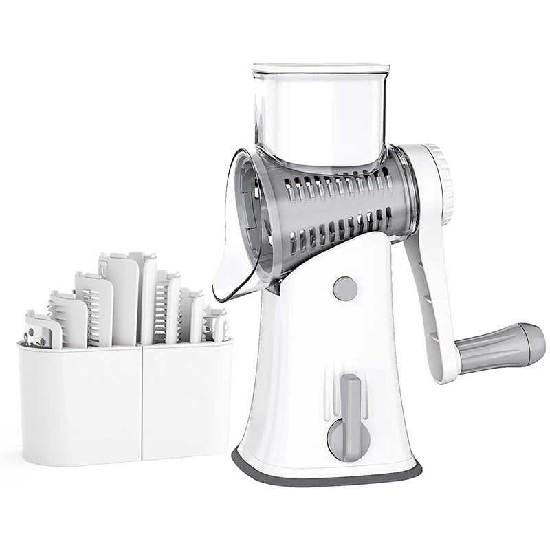 Craft Plus 5-in-1 rotary cheese grater with multiple stainless steel grating surfaces for versatile kitchen use.