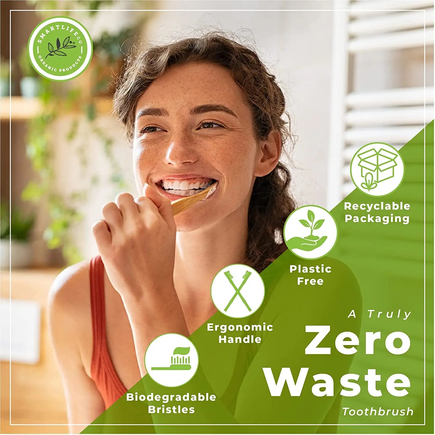 Eco-friendly reusable bamboo toothbrush by Craft Plus with natural bamboo handle and soft bristle heads.