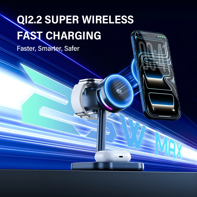 Craft Plus 25W 4-in-1 magnetic wireless charger stand with multiple device charging capabilities, shown holding a smartphone and accessories.