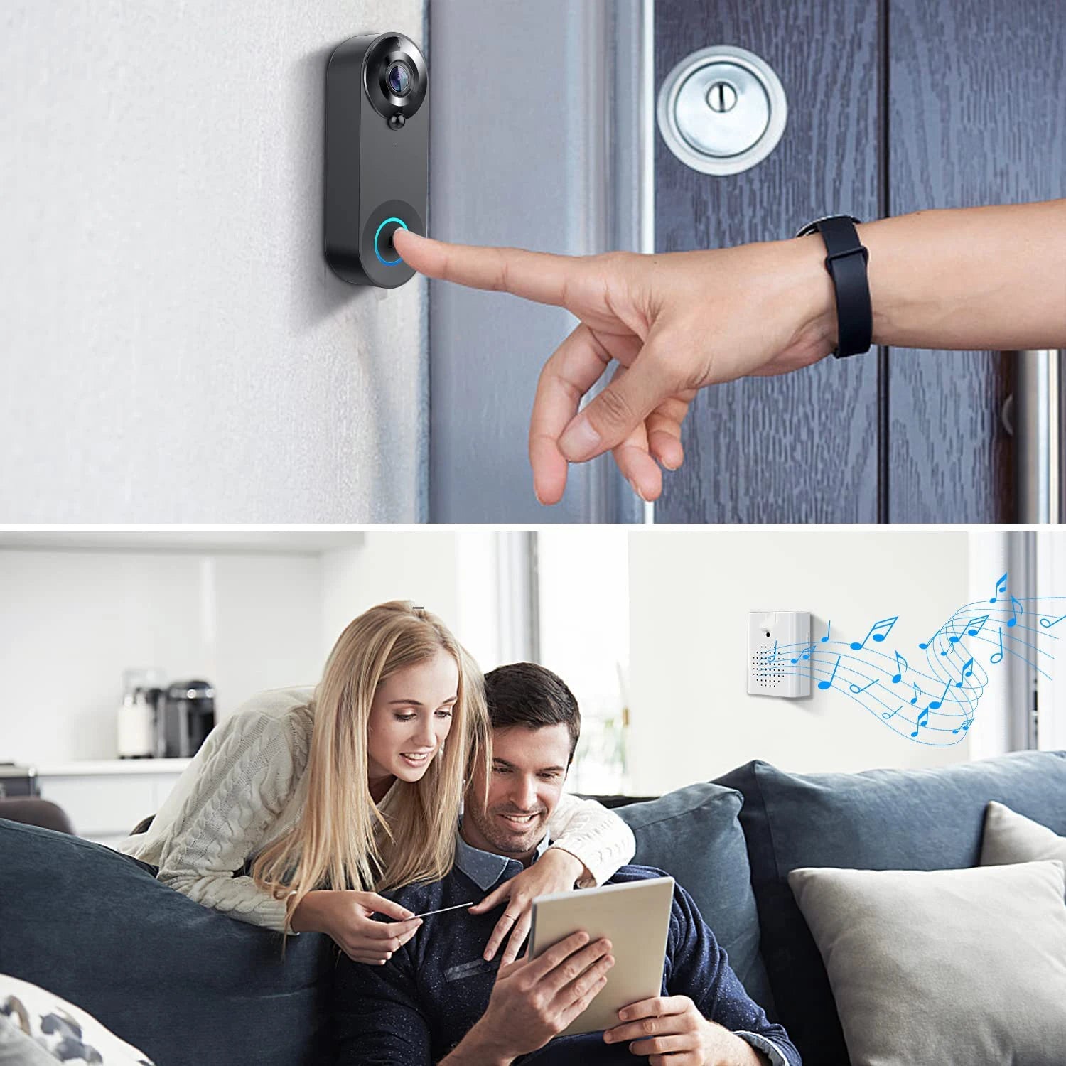 Craft Plus 1080P wireless video doorbell camera showing a sleek doorbell with camera and motion sensor in outdoor setting