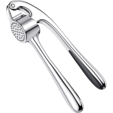 Craft Plus premium stainless steel garlic press with ergonomic handle and built-in cleaner for efficient garlic crushing.