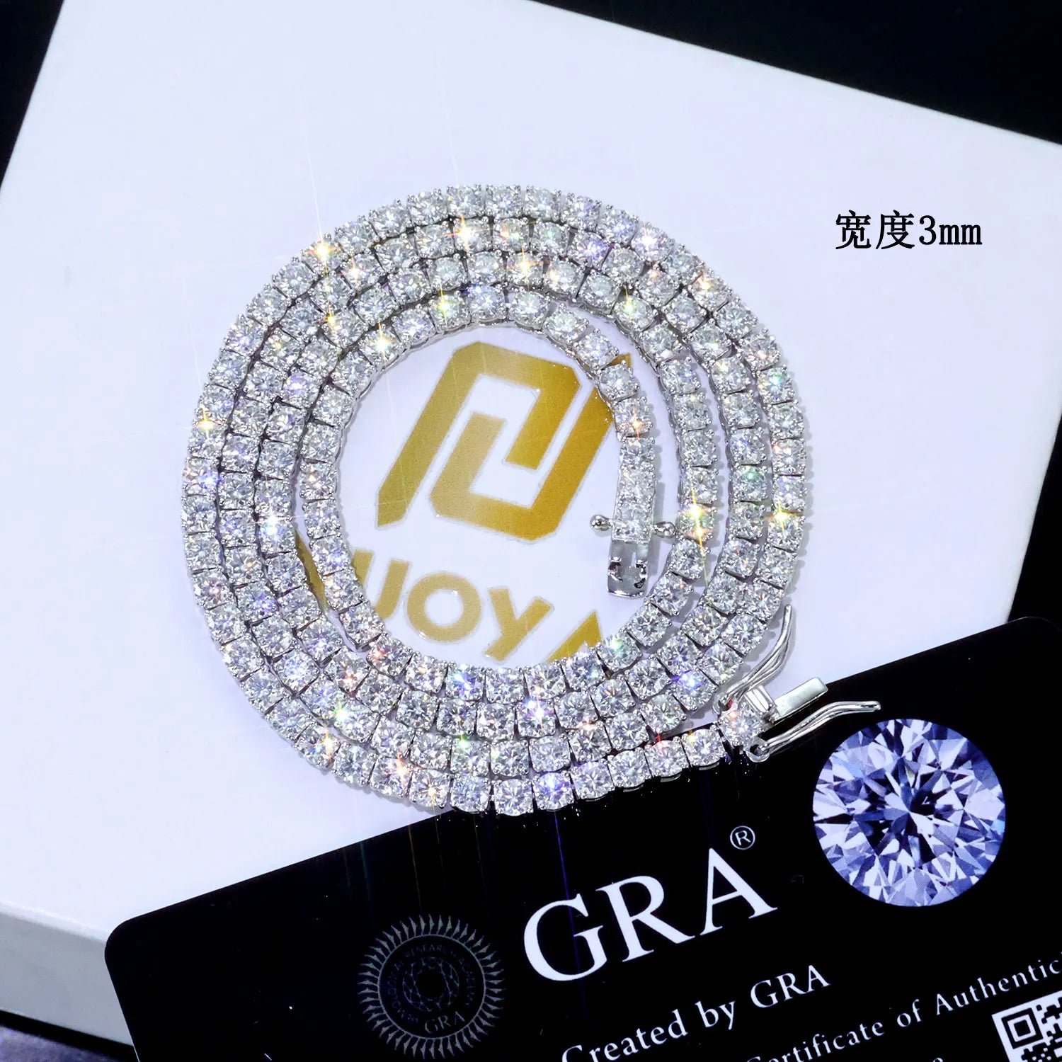 Craft Plus Hip Hop Moissanite Tennis Necklace with sparkling moissanite stones on a silver chain, close-up shot.