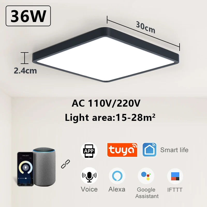 Craft Plus smart LED ceiling lamp with wood grain finish, voice control via Alexa and Google Assistant, modern lighting for home.