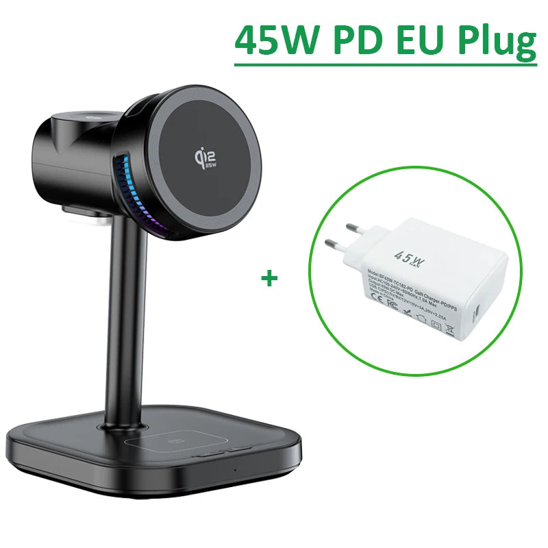 Craft Plus 25W 4-in-1 magnetic wireless charger stand with multiple device charging ports and sleek design.