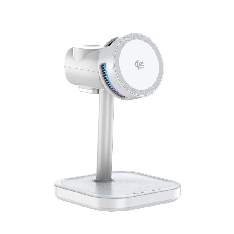 Craft Plus 25W 4-in-1 magnetic wireless charger stand with multiple device charging ports and a sleek black design.